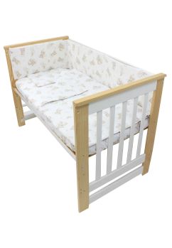 Lenjerie 4 piese, bumbac, Ursulet crem pe norisor, 120x60 cm, alb