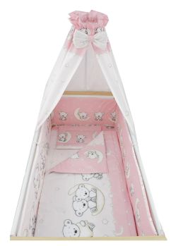 Lenjerie 6 piese, cu baldachin, Ursulet sir, roz, 140x70 cm