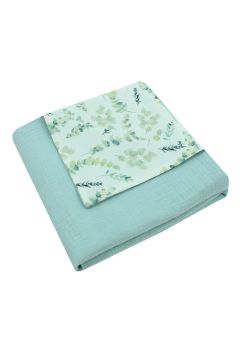 Paturica muselina verso bumbac, Flori de eucalipt, 100x80 cm, verde