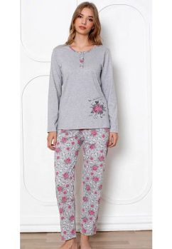 Pijama femei, maneca lunga, bumbac, Beautiful flower, gri