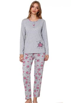 Pijama femei, maneca lunga, bumbac, Beautiful flower, gri