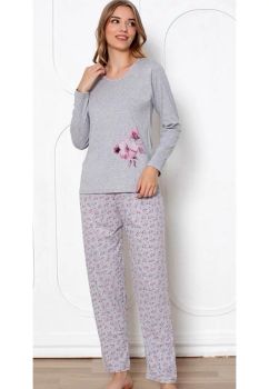 Pijama femei, maneca lunga, Floricele roz, bumbac, gri