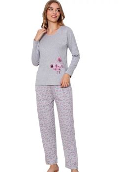 Pijama femei, maneca lunga, Floricele roz, bumbac, gri