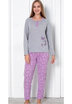 Pijama femei, maneca lunga, fluturasi mov, bumbac, multicolor