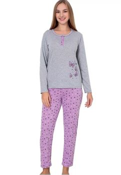 Pijama femei, maneca lunga, fluturasi mov, bumbac, multicolor