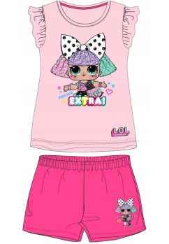 Pijama fete, maneca scurta, bumbac, Feeling Extra LOL, roz