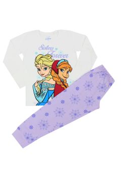 Pijama maneca lunga, bumbac, Sisters forever, Anna Si Elsa, alb