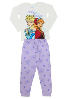 Pijama maneca lunga, bumbac, Sisters forever, Anna Si Elsa, alb