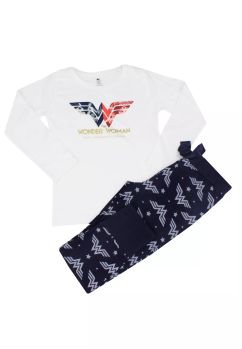 Pijama maneca lunga, bumbac, Wonder woman, alb