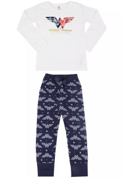 Pijama maneca lunga, bumbac, Wonder woman, alb