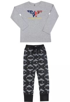 Pijama maneca lunga, bumbac, Wonder woman, gri