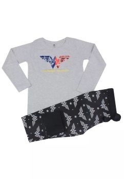 Pijama maneca lunga, bumbac, Wonder woman, gri