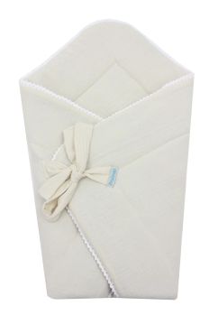 Port bebe multifunctional, cu danteluta, muselina, crem, 80 x 75 cm