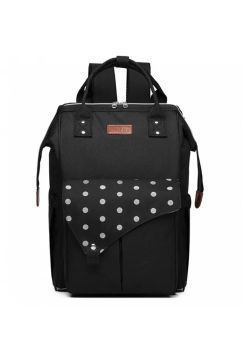 Rucsac pentru mamici, cu mufa USB, negru cu buline mari
