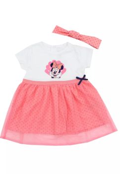 Set 2 piese, rochie si bentita, Minnie cu buline, alb cu roz