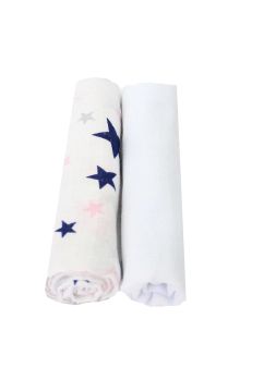 Set 2 scutece, muselina, alb cu stelute roz , 75 x 70 cm