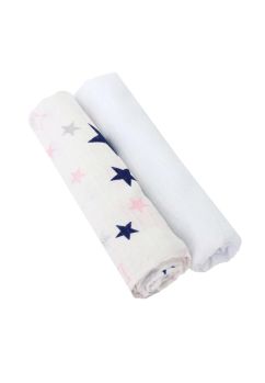 Set 2 scutece, muselina, alb cu stelute roz , 75 x 70 cm