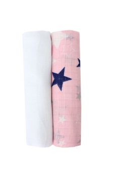 Set 2 scutece muselina, roz cu stelute bluemarin, 75 x 70 cm