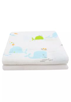 Set 2 scutece, muselina si finet, Balena albastra, 80 x 67 cm, alb