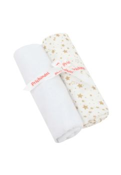 Set 2 scutece, muselina si finet, stelute bej, 80 x 67 cm, alb