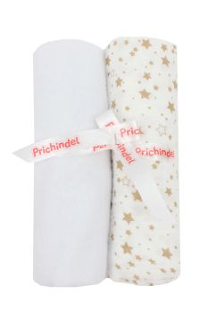 Set 2 scutece, muselina si finet, stelute bej, 80 x 67 cm, alb