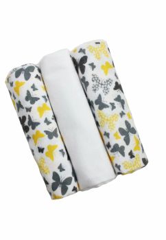 Set 3 scutece, bumbac fluturasi gri si galbeni, 80x70cm