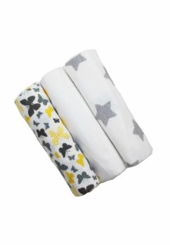 Set 3 scutece, fluturasi galbeni si stelute gri, 80x70 cm