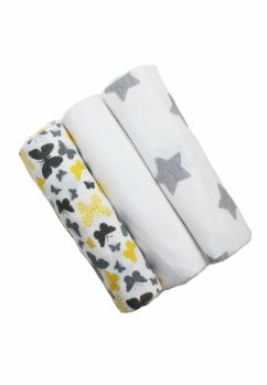 Set 3 scutece, fluturasi galbeni si stelute gri, 80x70 cm