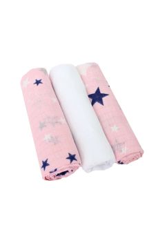 Set 3 scutece, muselina, roz cu stelute bluemarin, 75 x 70 cm