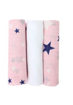 Set 3 scutece, muselina, roz cu stelute bluemarin, 75 x 70 cm