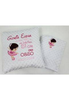 Set paturica si perna minky, balerina Mimi, personalizate, alb