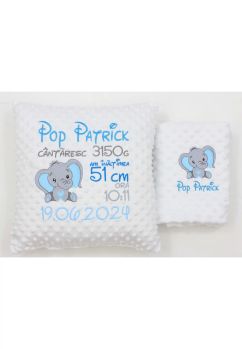 Set paturica si perna minky, Elefantel, personalizate, diverse culori