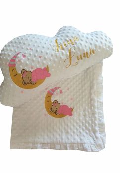 Set paturica verso muselina si perna minky, personalizate, alb