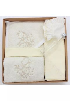 Trusou botez bumbac, 6 piese, brodat, Angel, crem