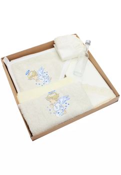 Trusou botez bumbac, ingeras albastru, 6 piese, crem