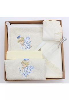 Trusou botez bumbac, ingeras albastru, 6 piese, crem
