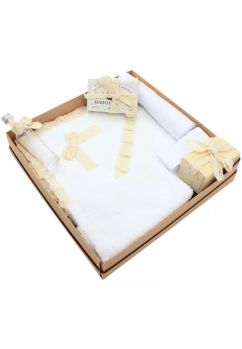 Trusou botez bumbac, Mimi cu dantela crem, 7 piese, alb