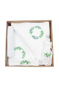 Trusou botez din muselina, 7 piese, frunze de maslin, alb