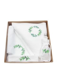 Trusou botez din muselina, 7 piese, frunze de maslin, alb