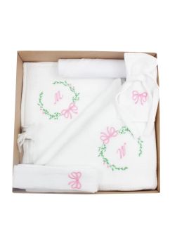 Trusou botez din muselina, 7 piese, personalizat cu monograma roz, alb