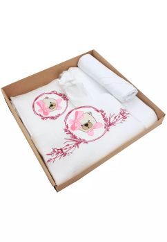 Trusou botez din muselina, 7 piese, Ursulet cu fundita roz, brodat, alb