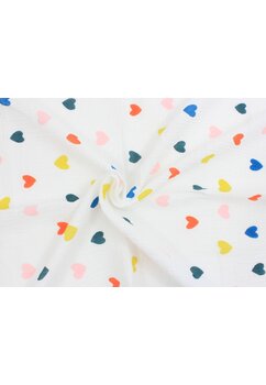 Prosopel de maini, muselina, colorful hearts, alb, 50 x 30 cm