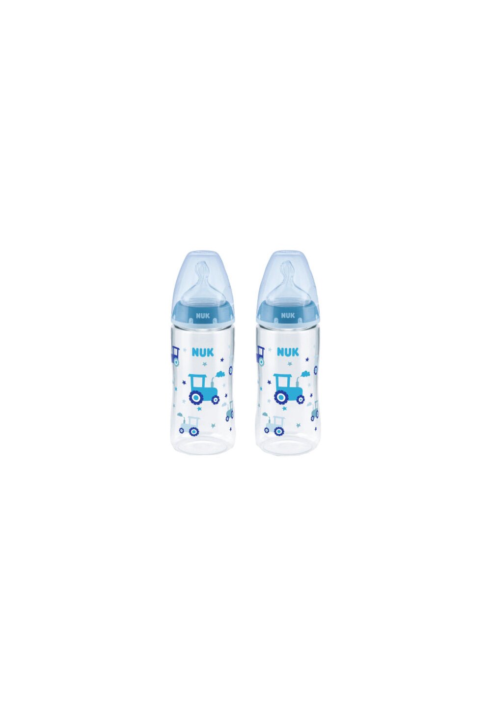 Set 2 biberone, Nuk First Choice+, cu senzor de temperatură, Tractoare, 0-6 luni, 300 ml, albastru