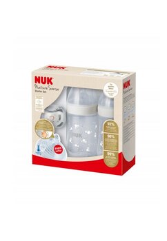 Set 2 biberone si suzeta, Nuk First Choice+, cu senzor de temperatură, My First Nuk, alb, 0-6 luni, 260 ml