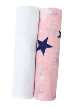Set 2 scutece muselina, roz cu stelute bluemarin, 75 x 70 cm