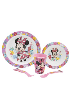 Set mic dejun, plastic, 5 piese, Minnie Mouse cu flori, roz