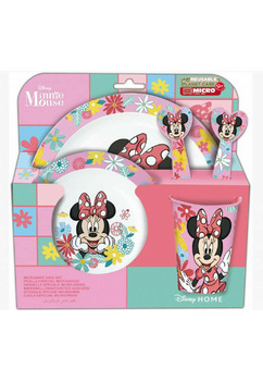 Set mic dejun, plastic, 5 piese, Minnie Mouse cu flori, roz