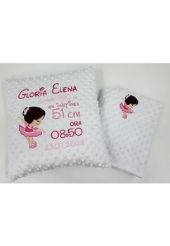 Set paturica si perna minky, balerina Mimi, personalizate, alb