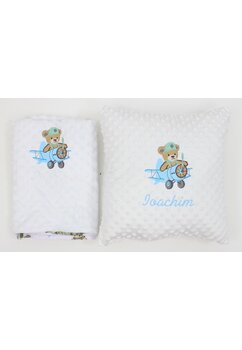 Set paturica si perna minky, Urs in avion, personalizate, alb