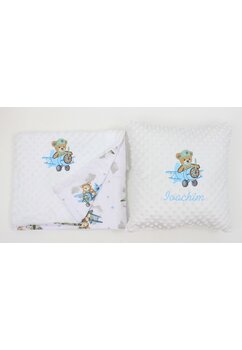 Set paturica si perna minky, Urs in avion, personalizate, alb